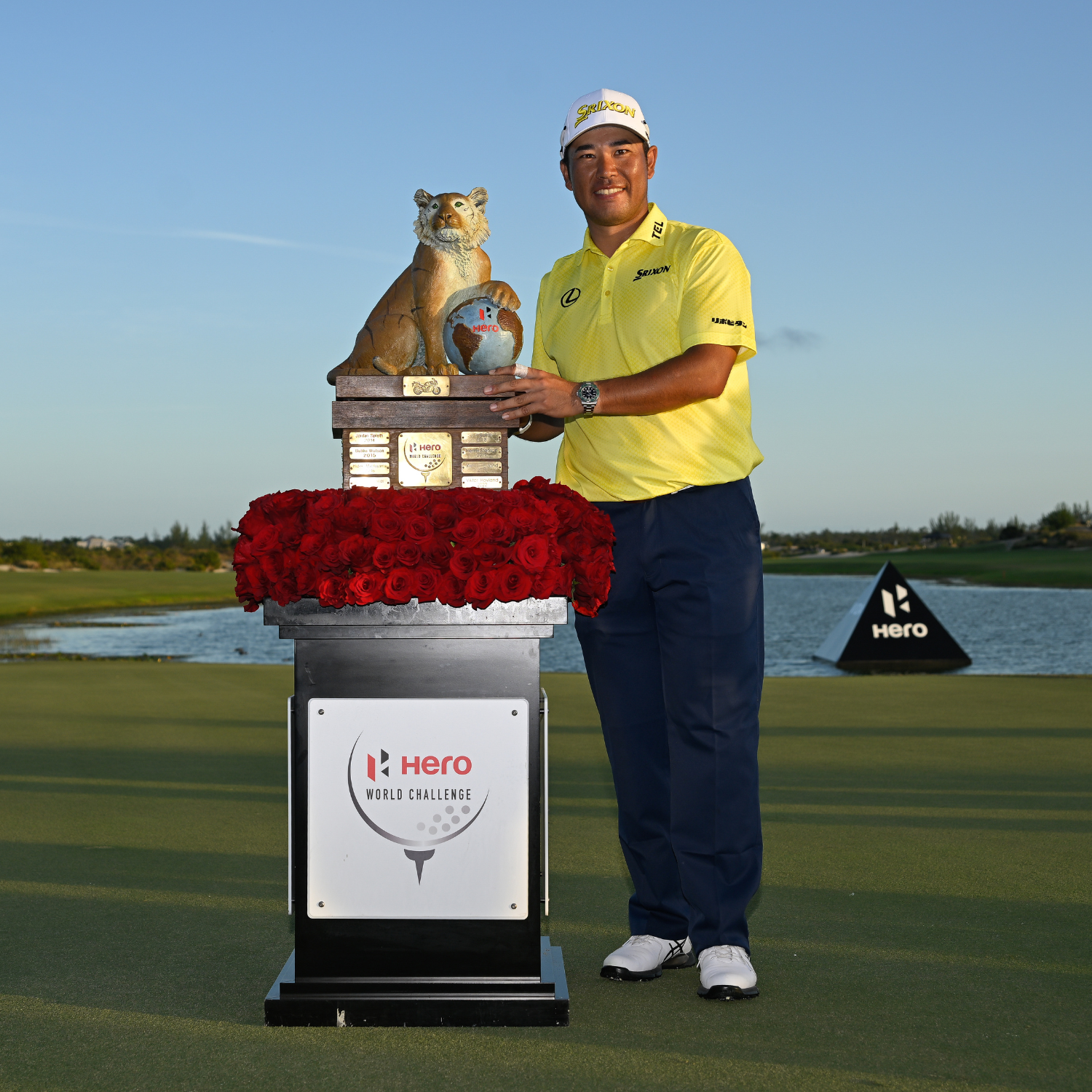 Hideki Matsuyama with the Hero World Challenge Trophy